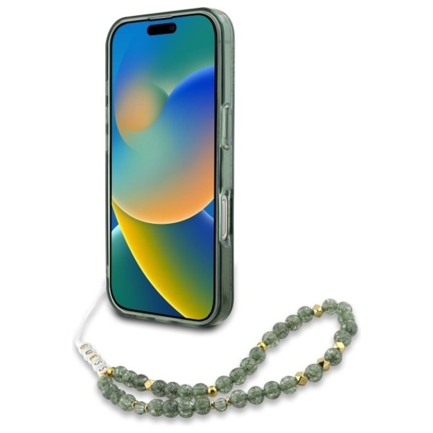 Guess IML Flowers Allover Electro With Pearl Strap MagSafe case for iPhone 16 Plus - green 1