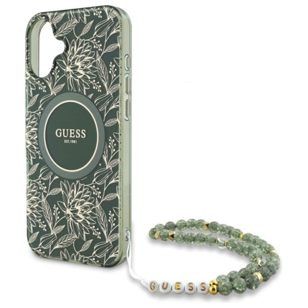 Guess IML Flowers Allover Electro With Pearl Strap MagSafe case for iPhone 16 Plus - green 2
