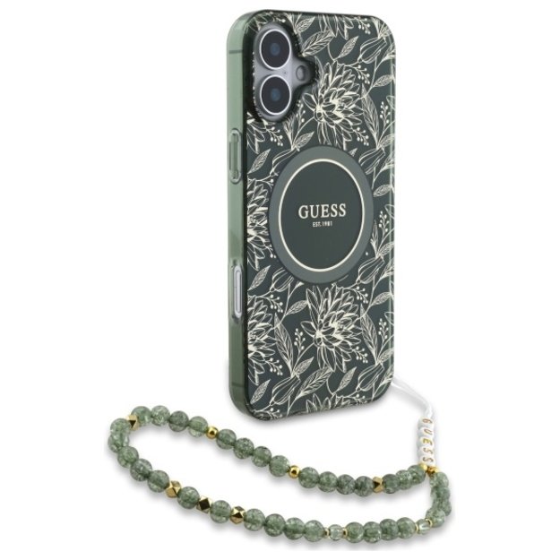 Guess IML Flowers Allover Electro With Pearl Strap MagSafe case for iPhone 16 Plus - green 6