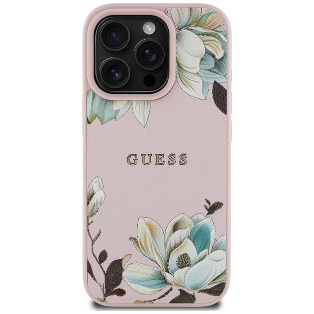Guess Grained Printed Flower Pattern MagSafe Case for iPhone 16 Pro Pink 2