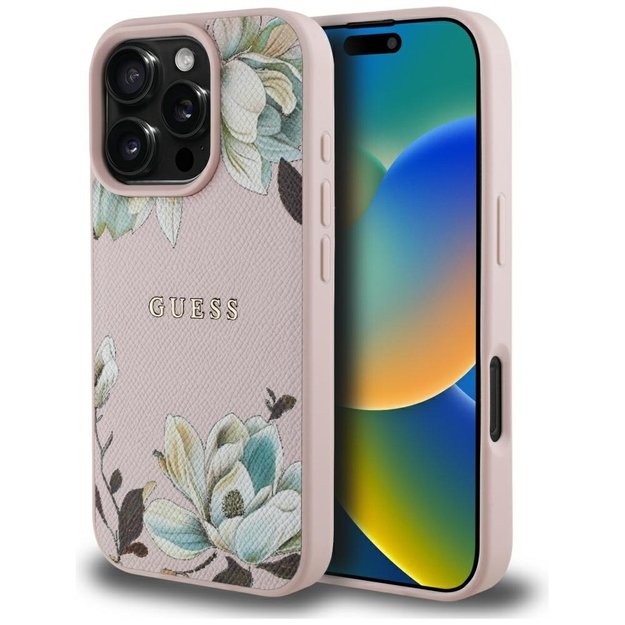 Guess Grained Printed Flower Pattern MagSafe Case for iPhone 16 Pro Pink