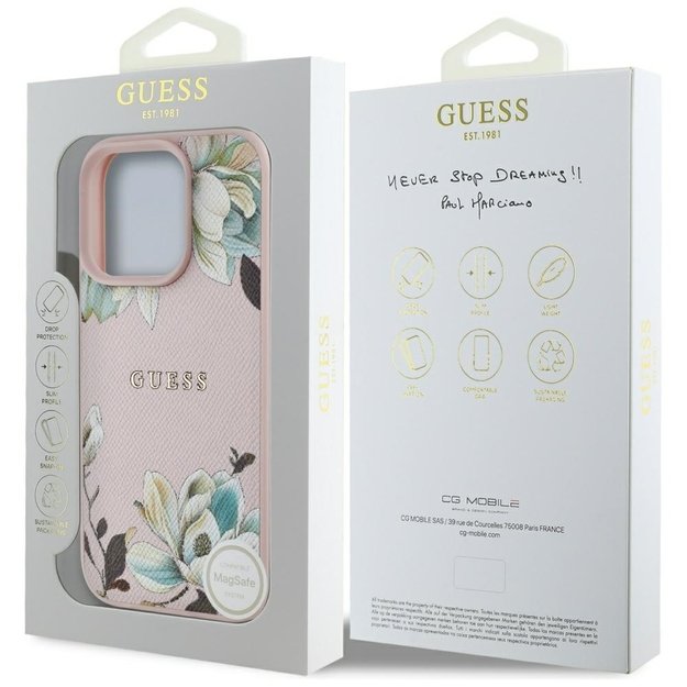 Guess Grained Printed Flower Pattern MagSafe Case for iPhone 16 Pro Pink 7