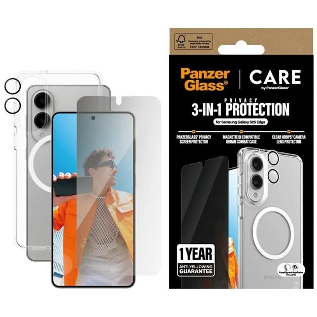 CARE by PanzerGlass Flagship 3in1 Case + Privacy Glass + Lens for Samsung Galaxy S25 Edge - transparent