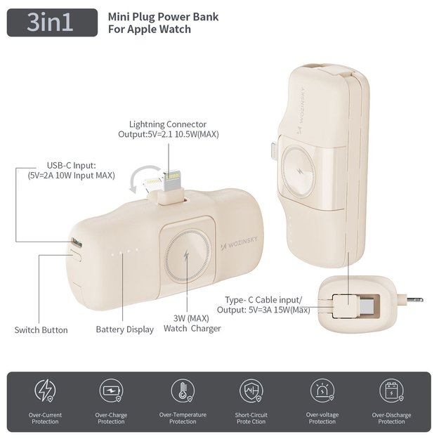 Wozinsky WF16-YLS 5000mAh 15W Lightning Mini Power Bank with Built-in USB-C Cable and Apple Watch Charger - Beige 9