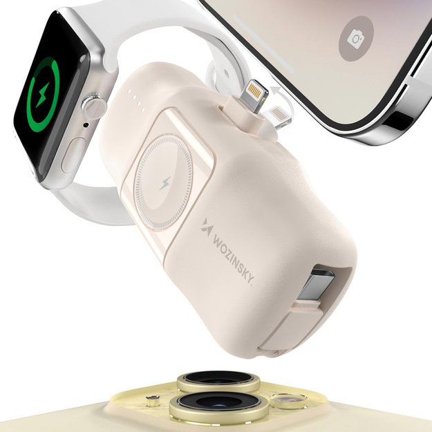 Wozinsky WF16-YLS 5000mAh 15W Lightning Mini Power Bank with Built-in USB-C Cable and Apple Watch Charger - Beige 3