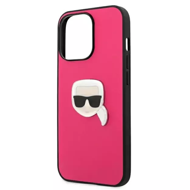 Karl Lagerfeld Leather Ikonik Karl&#39 s Head Metal Case for iPhone 13 Pro / 13 6.1&quot  - Pink 12