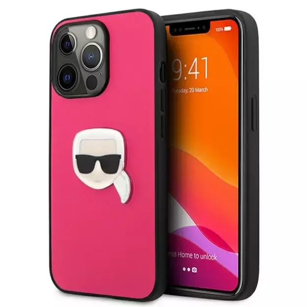 Karl Lagerfeld Leather Ikonik Karl&#39 s Head Metal Case for iPhone 13 Pro / 13 6.1&quot  - Pink