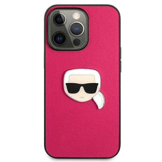 Karl Lagerfeld Leather Ikonik Karl&#39 s Head Metal Case for iPhone 13 Pro / 13 6.1&quot  - Pink 2