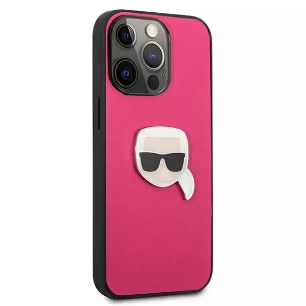 Karl Lagerfeld Leather Ikonik Karl&#39 s Head Metal Case for iPhone 13 Pro / 13 6.1&quot  - Pink 10