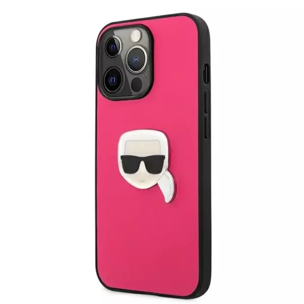 Karl Lagerfeld Leather Ikonik Karl&#39 s Head Metal Case for iPhone 13 Pro / 13 6.1&quot  - Pink 8