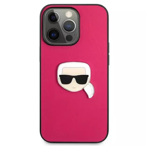 Karl Lagerfeld Leather Ikonik Karl&#39 s Head Metal Case for iPhone 13 Pro / 13 6.1&quot  - Pink 9