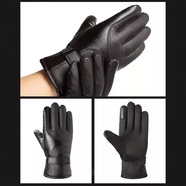 Men s insulated PU leather phone gloves - black 12