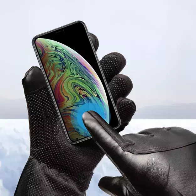 Men s insulated PU leather phone gloves - black 10