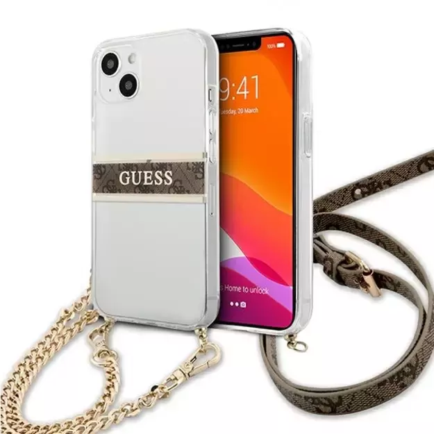Guess GUHCP13SKC4GBGO iPhone 13 mini 5.4  Transparent hardcase 4G Brown Strap Gold Chain