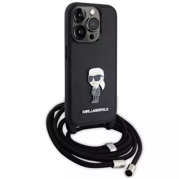 Karl Lagerfeld Crossbody Saffiano Monogram Metal Pin Karl &amp  Choupette Case for iPhone 15 Pro - Black 2