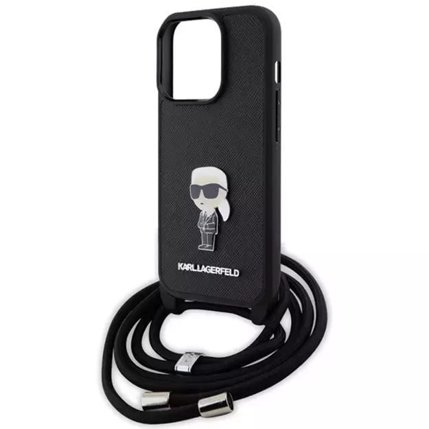 Karl Lagerfeld Crossbody Saffiano Monogram Metal Pin Karl &amp  Choupette Case for iPhone 15 Pro - Black 4