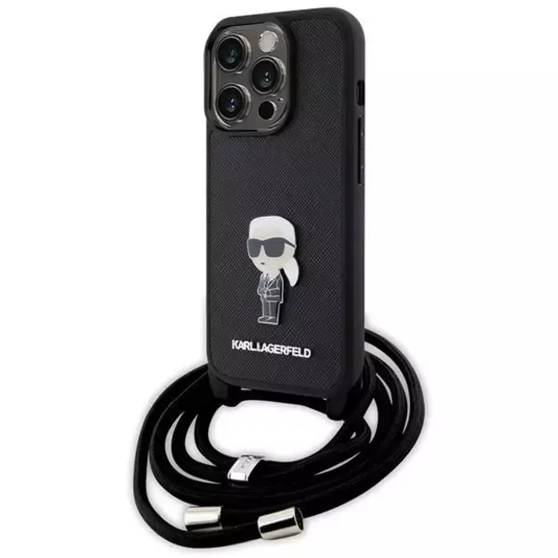 Karl Lagerfeld Crossbody Saffiano Monogram Metal Pin Karl &amp  Choupette Case for iPhone 15 Pro - Black