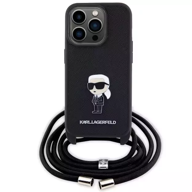 Karl Lagerfeld Crossbody Saffiano Monogram Metal Pin Karl &amp  Choupette Case for iPhone 15 Pro - Black 1
