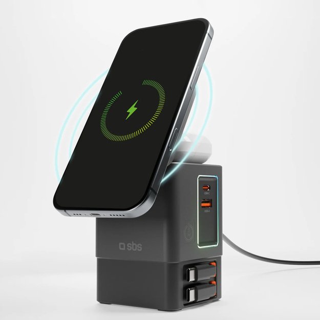 SBS Power Dock 6-in-1 with MagSafe, Stand, and USB-C Cables 65W – Black 6