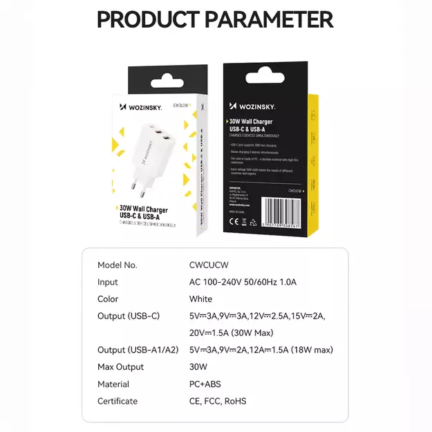 Wozinsky CWCUCW 30W USB-C / 2 x USB-A wall charger - white 17