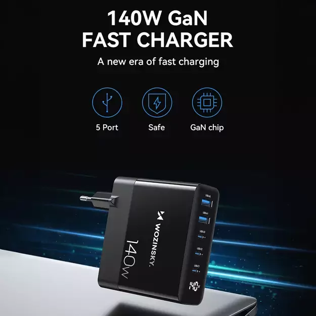 Wozinsky CGWCB 140W GaN wall charger 3 x USB-C / 2 x USB-A - black 18