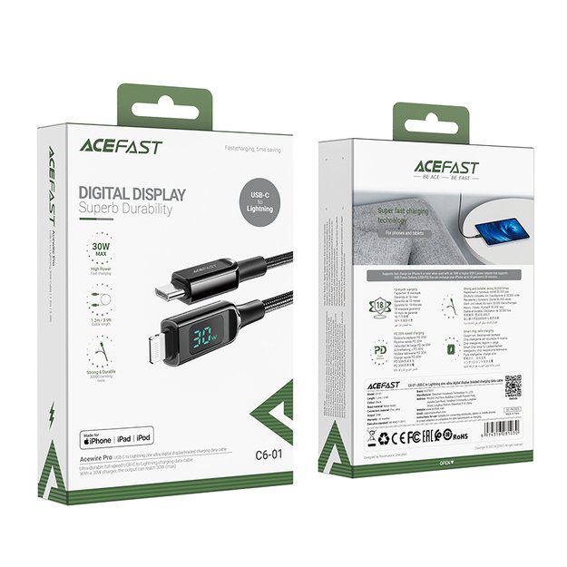 Acefast cable MFI USB Type C - Lightning 1.2m, 30W, 3A black (C6-01 Black) 9