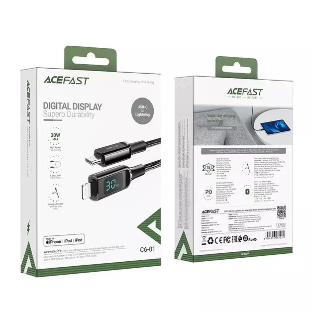 Acefast cable MFI USB Type C - Lightning 1.2m, 30W, 3A black (C6-01 Black) 4