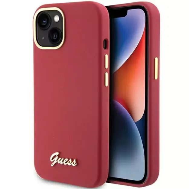 Guess Silicone Script Metal Logo &amp  Frame case for iPhone 15 - red