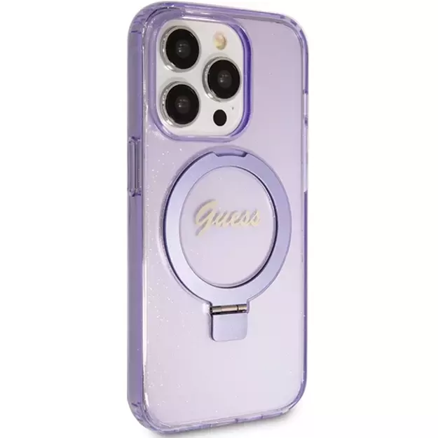 Guess Ring Stand Script Glitter MagSafe case for iPhone 15 Pro - purple 4
