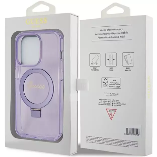 Guess Ring Stand Script Glitter MagSafe case for iPhone 15 Pro - purple 1