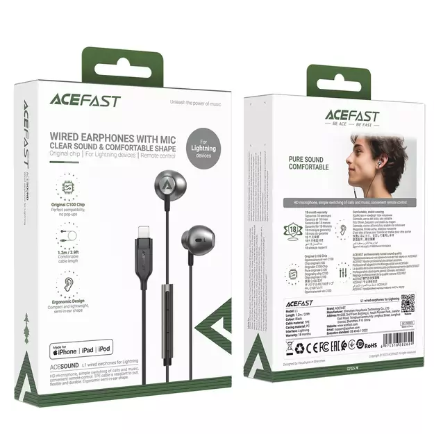 Acefast L1 in-ear headphones with Lightning connector, microphone and remote control 1.2 m - black 12