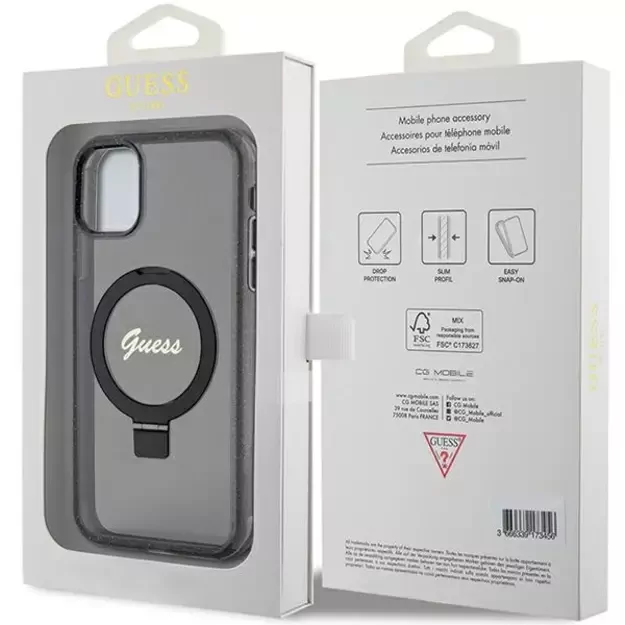 Guess Ring Stand Script Glitter MagSafe case for iPhone 11 / Xr - black 14