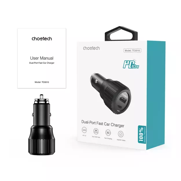 Choetech TC0010 USB-C USB-A PD 63W car charger - black 8