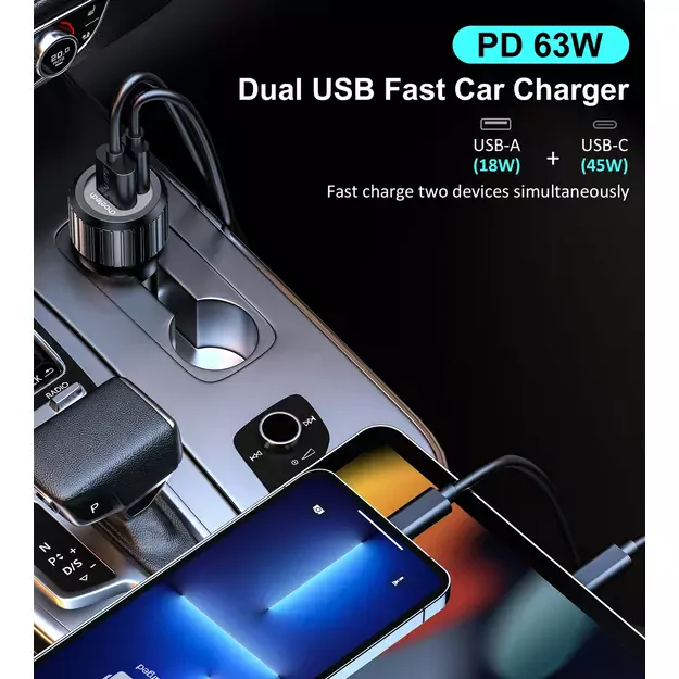 Choetech TC0010 USB-C USB-A PD 63W car charger - black 3