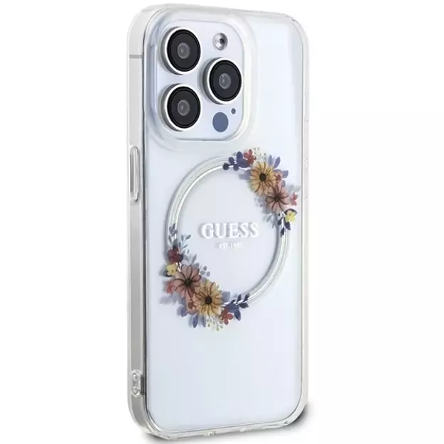 Guess IML Flowers Wreatch MagSafe case for iPhone 15 Pro - transparent 10