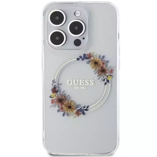 Guess IML Flowers Wreatch MagSafe case for iPhone 15 Pro - transparent 9