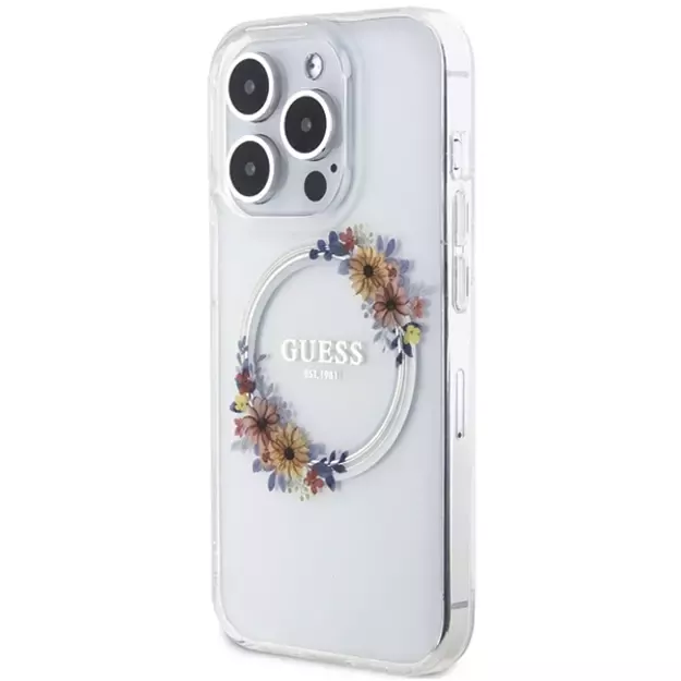 Guess IML Flowers Wreatch MagSafe case for iPhone 15 Pro - transparent 8