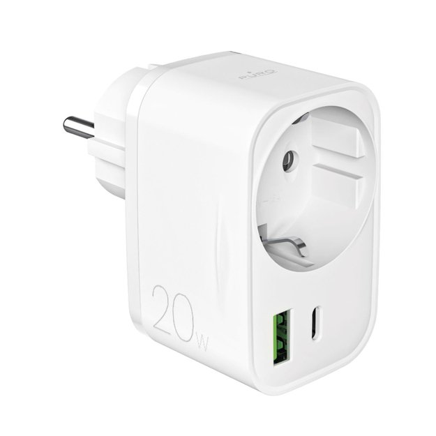 Puro 20W Power Delivery Charger with Schuko Plug and Socket 1x USB-C + 1x USB-A - White