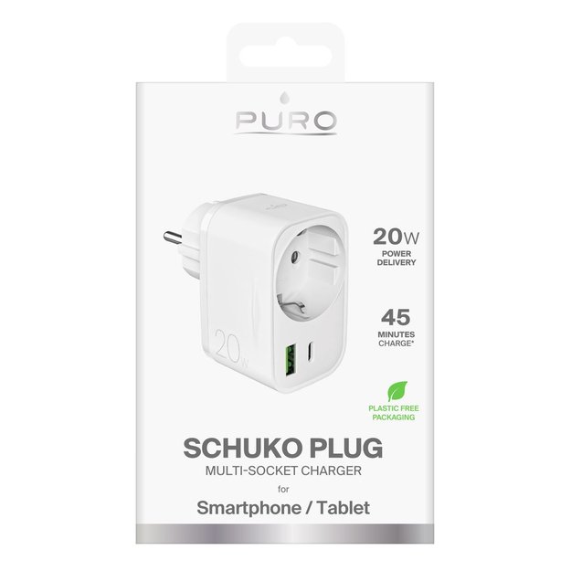Puro 20W Power Delivery Charger with Schuko Plug and Socket 1x USB-C + 1x USB-A - White 1