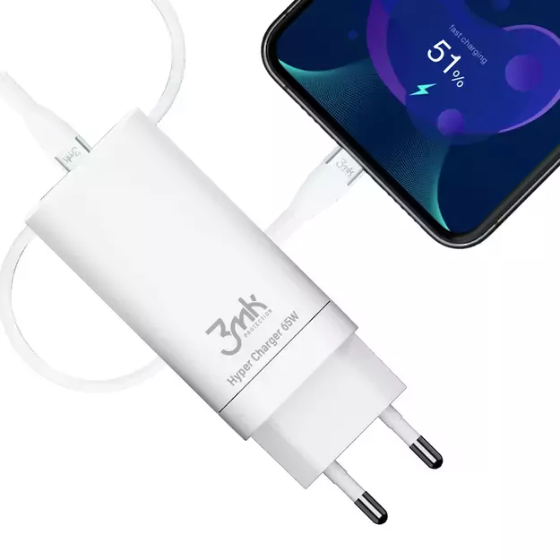 3MK HyperCharger 65W 2xUSB-C + 1xUSB-A charger GAN, PD + QC 4