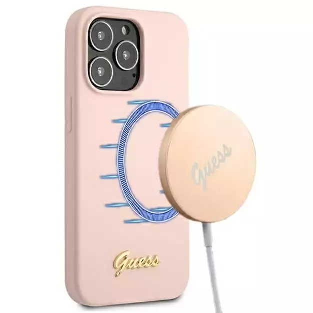 Guess GUHMP13LLSLMGLP iPhone 13 Pro / 13 6.1&quot  light pink/light pink hardcase Silicone Script Gold Logo Magsafe