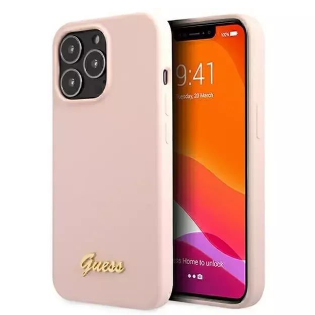 Guess GUHMP13LLSLMGLP iPhone 13 Pro / 13 6.1&quot  light pink/light pink hardcase Silicone Script Gold Logo Magsafe 1