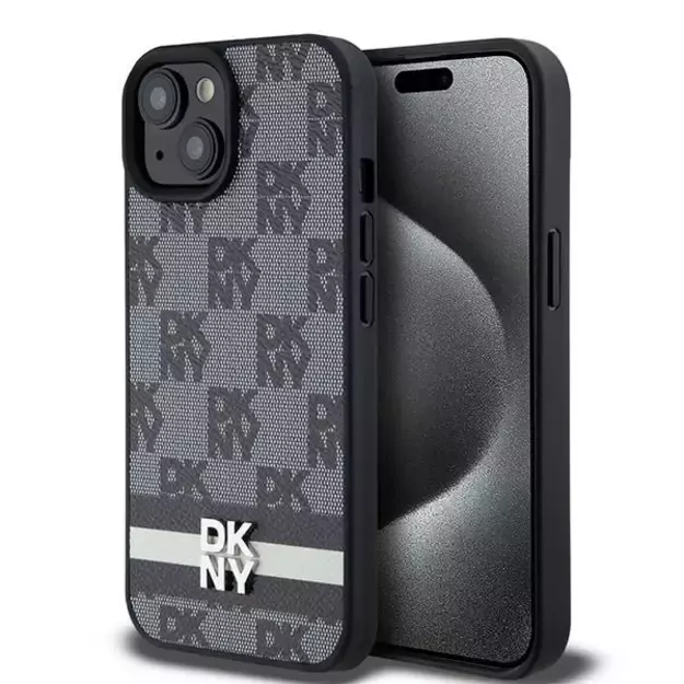DKNY Leather Checkered Mono Pattern &amp  Printed Stripes Case for iPhone 15/14/13 - Black