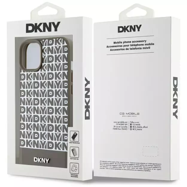 DKNY Leather Printed Pattern Metal Logo MagSafe Case for iPhone 15/14/13 - Brown 12