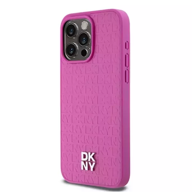 DKNY Leather Monogram Pattern Metal Logo MagSafe Case for iPhone 15 Pro Max - Pink 1