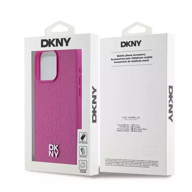 DKNY Leather Monogram Pattern Metal Logo MagSafe Case for iPhone 15 Pro Max - Pink 7