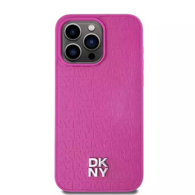 DKNY Leather Monogram Pattern Metal Logo MagSafe Case for iPhone 15 Pro Max - Pink 2