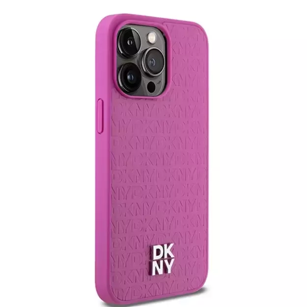 DKNY Leather Monogram Pattern Metal Logo MagSafe Case for iPhone 15 Pro Max - Pink 3