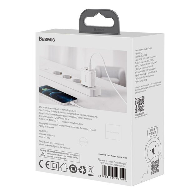 Baseus Compact fast charger USB / USB Type C 20W 3A Power Delivery Quick Charge 3.0 white (CCXJ-B02) 8