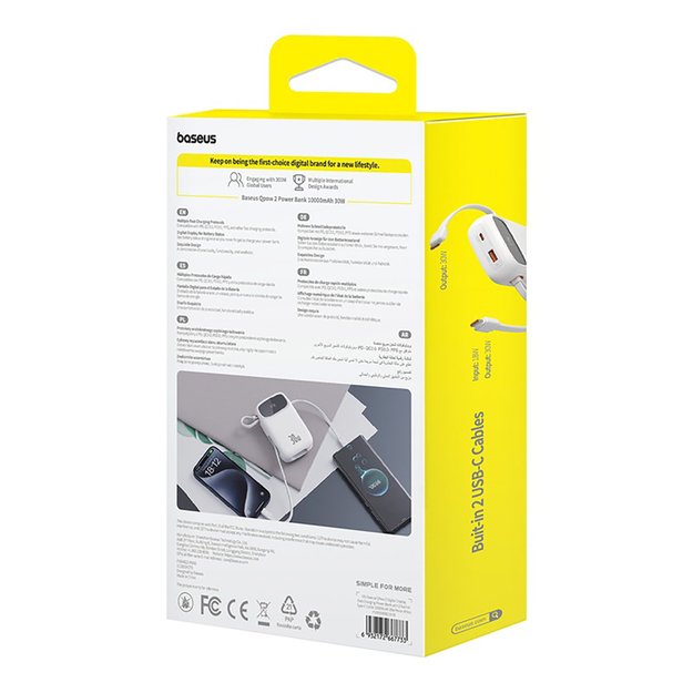 Baseus QPow 2 30W 10000mAh Power Bank with Built-in USB-C Cables - White 6